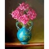 Rózsaszín virágok kék vázában - számozott kifestő