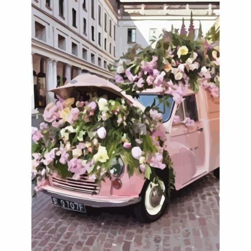Rózsaszín autó virágokkal - számozott kifestő