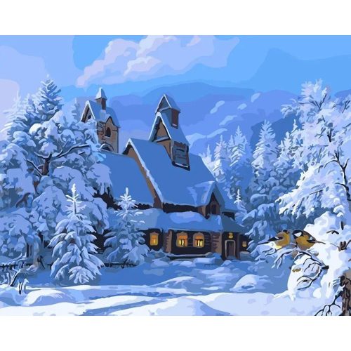 Házikó a havas tájban - számozott kifestő
