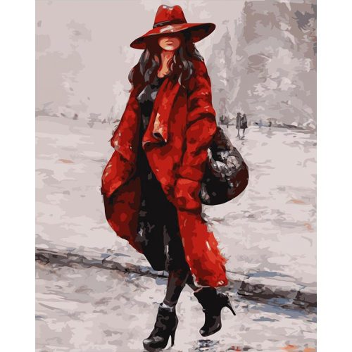 Piros kabátos nő - számozott kifestő